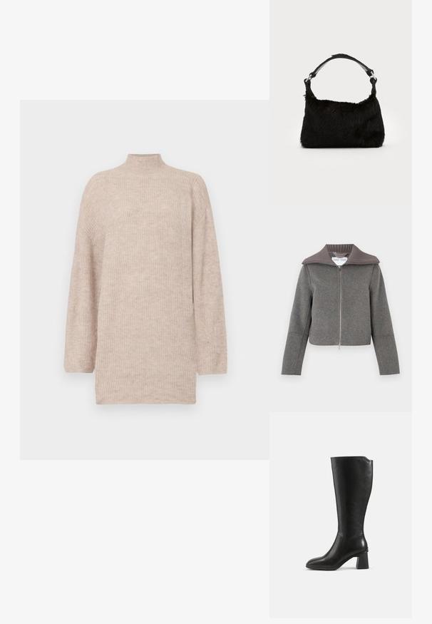Grå lynlåstrøje med ribbet krave. Har lange ærmer og et kort snit. Fremstillet af et blødt, tekstureret uldblandet stof.; Beige højhalset sweater med faldende skuldre, lavet af ribbet strikmateriale. Løs pasform med lange ærmer og en blød tekstur.; Sort knæhøj læderstøvle med blokhæl og rundet tå, vist fra siden på en ensfarvet baggrund.; Sort faux fur håndtaske med en blød tekstur, rund form og en robust skulderrem i sort læder. Synlige sølvhardware-detaljer.
