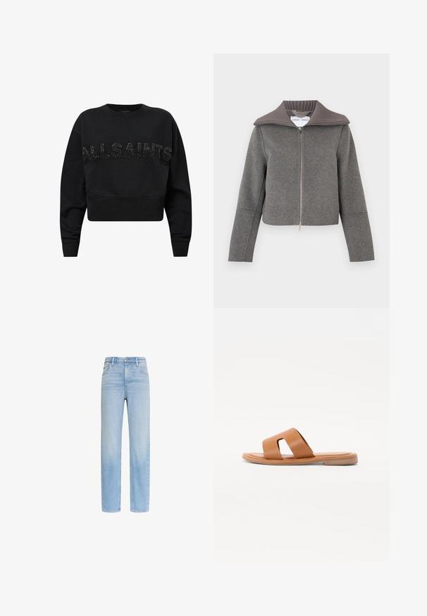 Grå lynlåstrøje med ribbet krave. Har lange ærmer og et kort snit. Fremstillet af et blødt, tekstureret uldblandet stof.; Sort cropped sweatshirt lavet af blødt stof, med "ALLSAINTS" i teksturerede sorte accenter på forsiden. Rund hals og lange ærmer.; Lyseblå højttaljede jeans med lige ben, fem lommer og knaplukning, vist på hvid baggrund.; Brun læderslide sandal med flad sål, der har en bred strop med udsnit og en glat overflade. Simpelt og minimalistisk design.