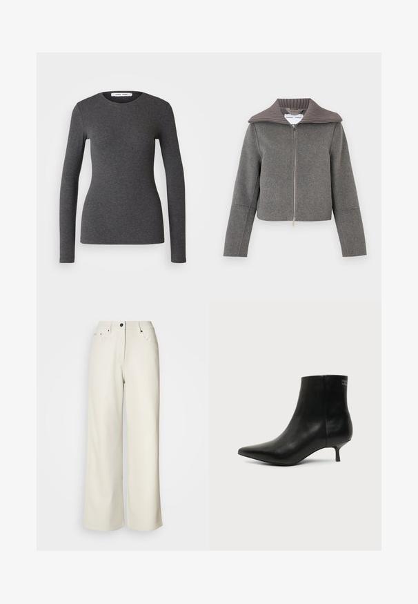 Chaqueta gris con cremallera y cuello acanalado. Presenta mangas largas y un diseño corto. Hecha de una suave mezcla de lana texturizada.; Top de manga larga y cuello redondo en gris oscuro, confeccionado en tejido acanalado con un diseño ajustado, que presenta una textura suave y un detalle mínimo.; Pantalones de pierna ancha color crema, confeccionados en una tela suave. Cuentan con una cintura de altura media, cierre con cremallera y dos bolsillos delanteros con detalles en hardware negro.; Botín de piel negra con puntera puntiaguda y tacón bajo estilo kitten sobre fondo claro, mostrando vista lateral exterior.