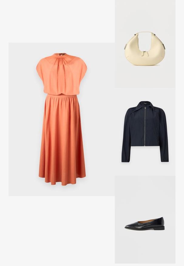 Veste légère bleu marine avec fermeture éclair frontale, manches longues, col et poches latérales sur un fond clair uni.; Robe corail orange sans manches avec un col montant froncé, une taille cintrée et une jupe mi-longue fluide sur un fond uni.; Chaussure plate en cuir noir avec un bout pointu et un petit talon carré. Texture lisse, design minimaliste, sans éléments métalliques visibles ni motifs.; Sac à main beige en forme de croissant avec fermeture à double fermeture éclair et poignée courte, avec des détails en métal argenté sur les côtés.