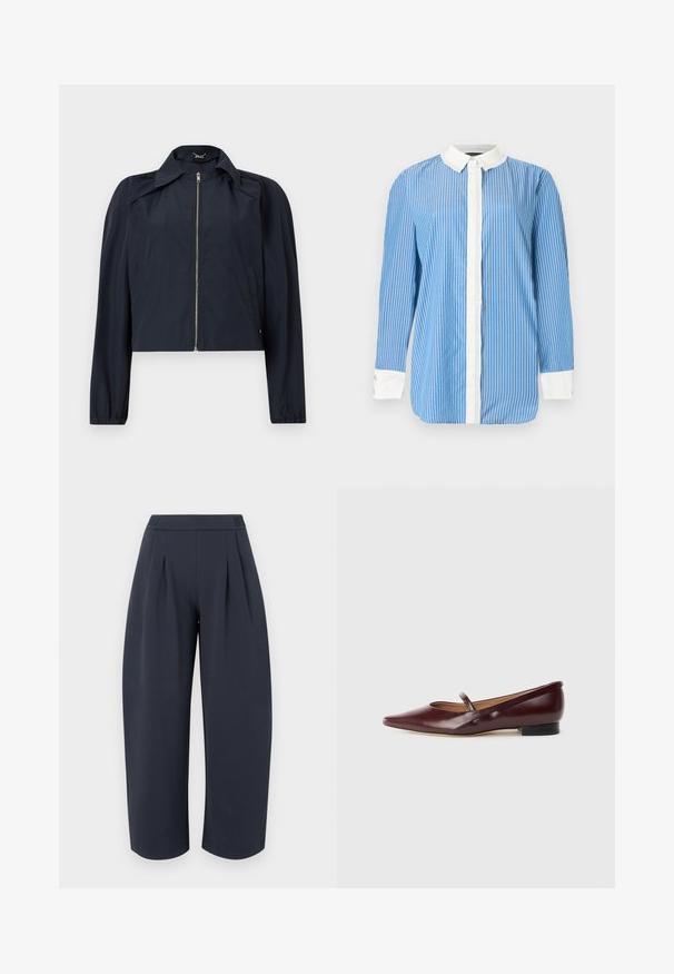 Veste légère bleu marine avec fermeture éclair frontale, manches longues, col et poches latérales sur un fond clair uni.; Chemise bleue à manches longues avec des rayures verticales blanches, un col blanc, une patte de boutonnage avant blanche et des poignets blancs avec boutons.; Pantalon large et court couleur bleu marine foncé avec taille haute et plis à l'avant, présenté sur un fond clair uni.; Chaussure plate en cuir verni bordeaux avec un bout pointu et une sangle décorative sur le cou-de-pied. Présente un petit talon noir.