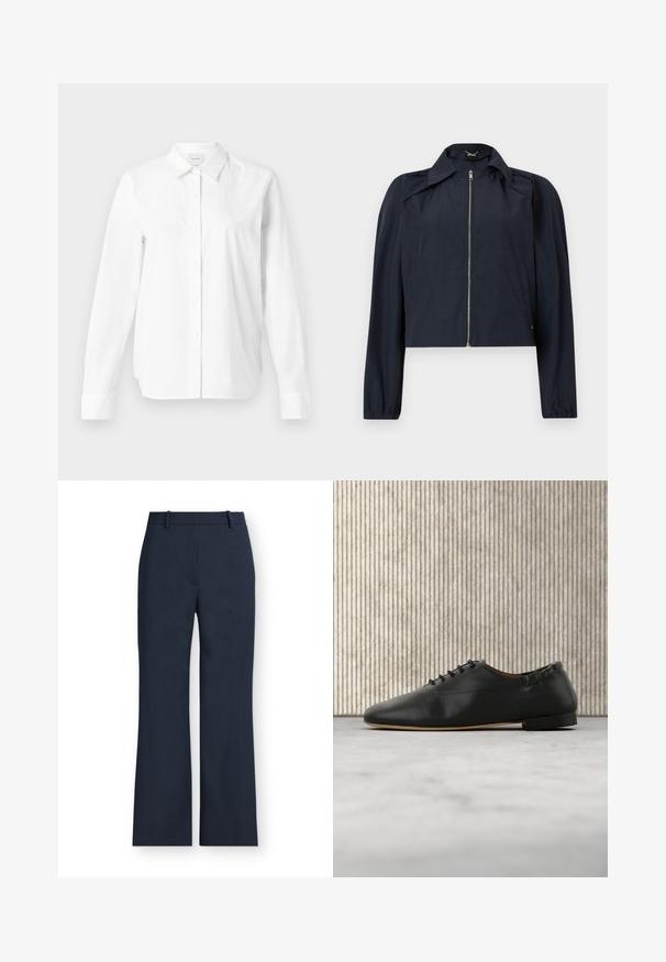 Marineblauw lichtgewicht jack met ritssluiting aan de voorkant, lange mouwen, kraag en zijzakken op een effen lichte achtergrond.; Witte button-up shirt gemaakt van katoen. Heeft een klassieke kraag, lange mouwen en een ontspannen pasvorm. Geen zichtbare patronen of accenten.; Marineblauwe krijtstreep broek met rechte pijpen, riemlussen en een ritssluiting aan de voorkant.; Zwarte leren veterschoen met platte zool, afgeronde neus en lage hak, getoond in rechterzijaanzicht op een lichte achtergrond.