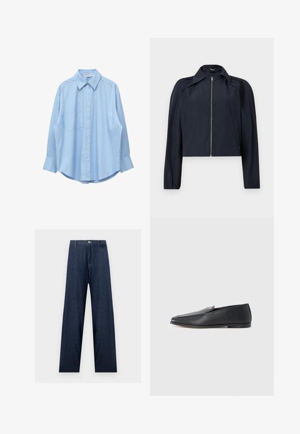 Veste légère bleu marine avec fermeture éclair frontale, manches longues, col et poches latérales sur un fond clair uni.; Chemise bleu clair à manches longues avec col pointu et poche poitrine gauche, présentée à plat sur un fond blanc.; Jean en denim bleu foncé à jambes larges avec fermeture par bouton et fermeture éclair, passants de ceinture et coutures visibles sur les poches et les coutures.; Mocassins en cuir noir à texture lisse, bout arrondi et détails de couture subtils. Ils présentent un accent logo doré sur le côté supérieur.
