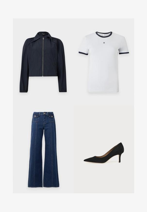 Marineblaue leichte Jacke mit Frontreißverschluss, langen Ärmeln, Kragen und Seitentaschen auf einfarbig hellem Hintergrund.; Weißes Kurzarm-T-Shirt mit einem runden, marineblauen Halsausschnitt und marineblauen Ärmelsäumen. Verfügt über ein kleines Logo auf der Brust. Glatter Stoff. ; Dunkelblaue, weite Jeans aus Denim. Verfügt über vier Taschen, große Nähte und ein High-Waist-Design. Klassischer Knopfverschluss.; Schwarzer Wildleder-Pumps mit spitzer Schuhspitze, schlankem mittelhohem Stiletto-Absatz und tiefem Ausschnitt auf einfachem Hintergrund.