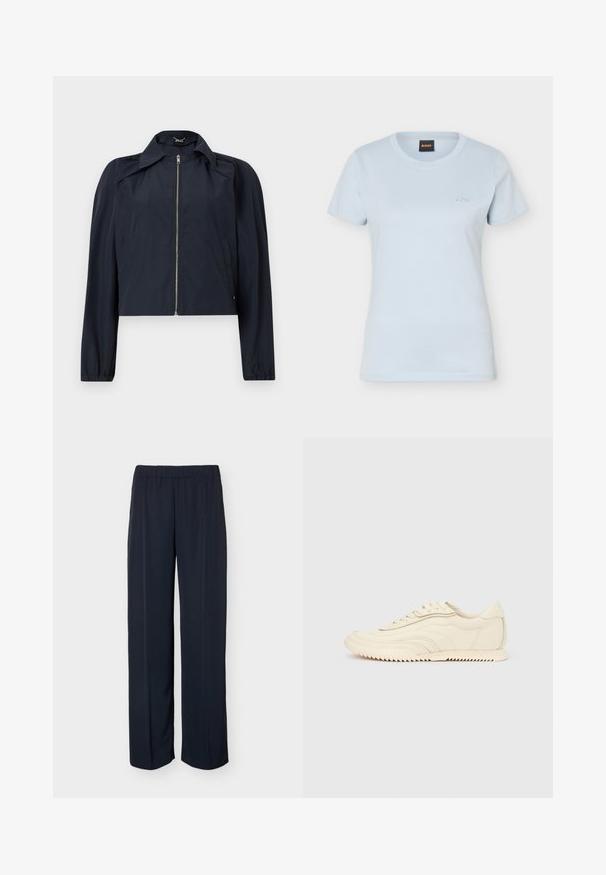 Veste légère bleu marine avec fermeture éclair frontale, manches longues, col et poches latérales sur un fond clair uni.; T-shirt pour femmes bleu clair à manches courtes, col rond, avec petit logo "BOSS" brodé sur la poitrine gauche et étiquette noire à l'intérieur du col.; Pantalon droit bleu marine foncé avec taille élastique et détail subtil de pli avant, présenté sur un fond uni.; Baskets basses de couleur crème avec des coutures ondulées, une fermeture à lacets et une semelle crantée, vues de côté sur un fond uni.
