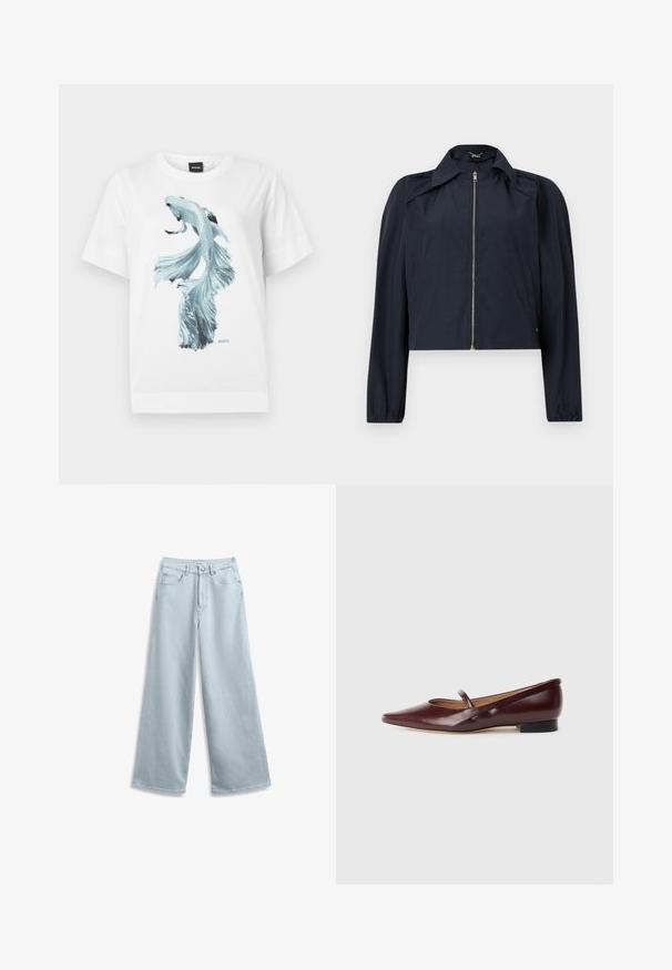 Veste légère bleu marine avec fermeture éclair frontale, manches longues, col et poches latérales sur un fond clair uni.; T-shirt blanc avec un graphique détaillé d'un poisson combattant bleu clair centré sur le devant et un petit logo BOSS sous le poisson.; Jean large bleu clair en denim, doté d'un design classique à cinq poches et d'une fermeture à bouton à la taille.; Chaussure plate en cuir verni bordeaux avec un bout pointu et une sangle décorative sur le cou-de-pied. Présente un petit talon noir.