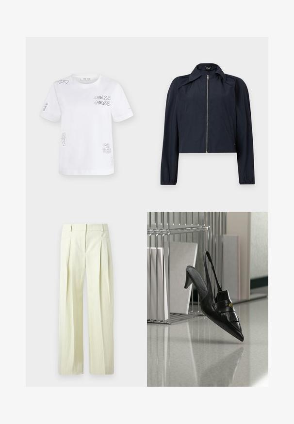 Veste légère bleu marine avec fermeture éclair frontale, manches longues, col et poches latérales sur un fond clair uni.; T-shirt blanc manches courtes avec dessin en lignes noires comprenant des cœurs, le texte « SAMSOE SAMSOE », une fleur, un soleil et de petites pièces sur les manches et sur le devant.; Pantalon ample couleur crème avec fines rayures verticales, plis à l'avant, poches latérales, et passants pour ceinture.; Chaussure à talon slingback en cuir noir à bout pointu avec franges et bouton doré, sur un sol réfléchissant près de porte-dossiers métalliques.