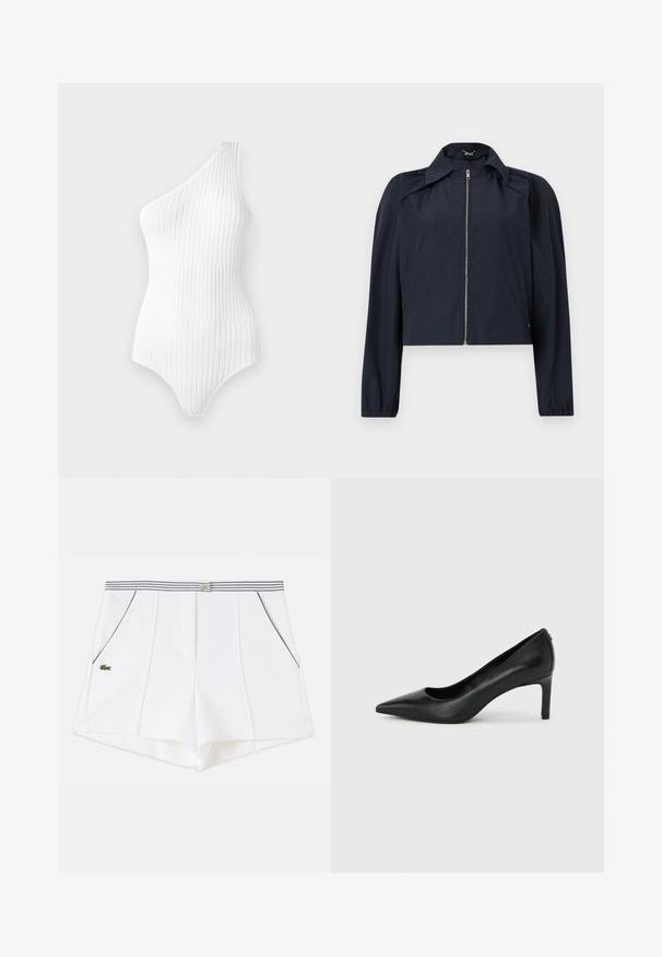 Veste légère bleu marine avec fermeture éclair frontale, manches longues, col et poches latérales sur un fond clair uni.; Bodysuit blanc à côtes, une épaule avec des rayures verticales. Texture douce et design ajusté, avec une taille haute et un décolleté minimal.; Short blanc sur mesure avec coutures verticales, ceinture rayée, poches avant avec passepoil noir et petit logo crocodile vert sur le côté gauche.; Escarpin à bout pointu en cuir noir avec un talon fin de hauteur moyenne sur un fond gris clair uni.