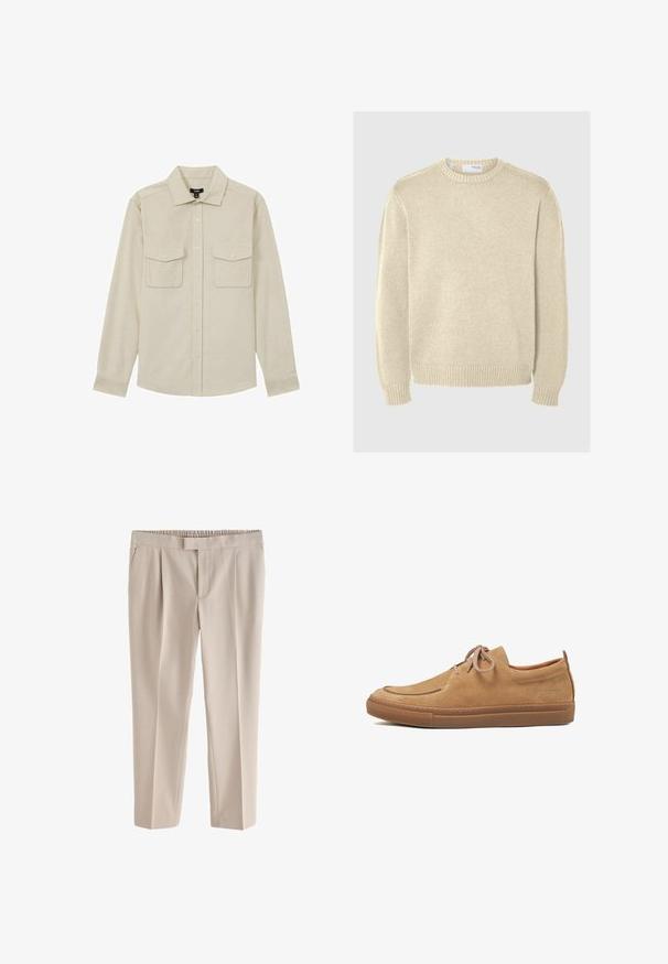 Lys beige skjorte lavet af bomuld, med knaplukning fortil, to brystlommer og lange ærmer med knapmanchetter.; Lys beige striktrøje med rund halsudskæring, lange ærmer, ribbede manchetter og kant. Glat tekstur med et mellemtykt mønster.; Beige bukser med lige ben, elastisk talje og forreste læg, designet til en behagelig pasform.; Lysebrune casual sko i ruskind med rundet tå, snørelukning og gummisål. Har syningsdetaljer og en lille logo på siden.