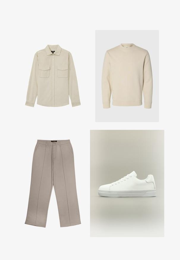 Camisa de color beige claro hecha de algodón, con un frente abotonado, dos bolsillos en el pecho y mangas largas con puños abotonados.; Sudadera de manga larga color crema con cuello redondo, puños y bajo acanalados, presentada sobre un fondo claro liso.; Pantalones de pierna ancha beige, confeccionados en tela, que cuentan con bolsillos frontales, cremallera y dos líneas de costura vertical en cada pierna.; Zapatilla blanca de corte bajo con cierre de cordones, cuello acolchado y suela de goma texturizada, mostrada de perfil sobre un fondo neutro.