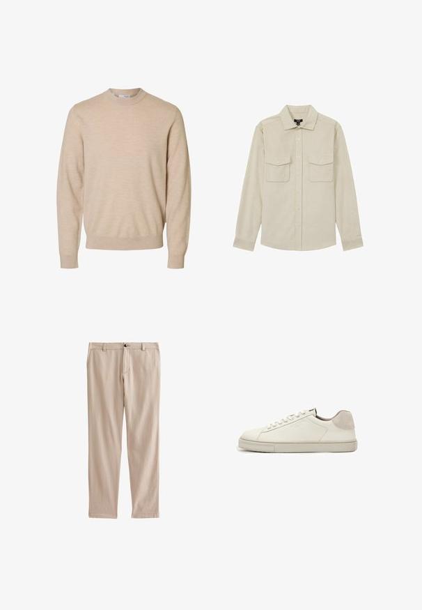Camisa de color beige claro hecha de algodón, con un frente abotonado, dos bolsillos en el pecho y mangas largas con puños abotonados.; Jersey beige de manga larga y cuello redondo, hecho de tela de punto suave, con puños y dobladillo acanalados, diseñado para hombres.; Pantalones de algodón beige de corte recto, con cierre de botón en la parte frontal y presillas para cinturón. Textura suave con bolsillos laterales y costuras sutiles.; Zapatilla blanca de piel de perfil bajo con cordones blancos, suela ligeramente texturizada y parche de ante gris claro en el talón, vista lateral.