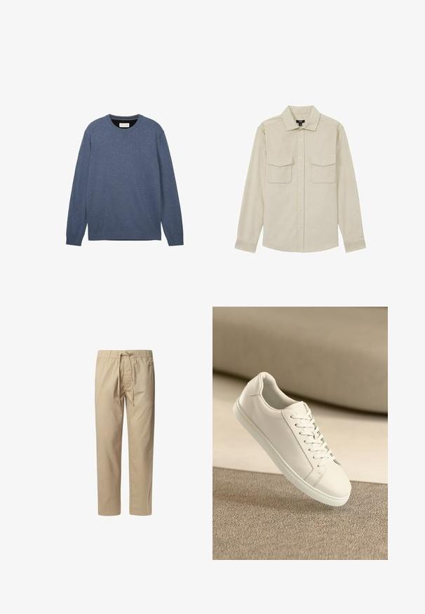 Lys beige skjorte lavet af bomuld, med knaplukning fortil, to brystlommer og lange ærmer med knapmanchetter.; Crewneck sweater i mørkeblå, fremstillet af blødt stof med en glat tekstur, der har lange ærmer og ribbede manchetter samt kant.; Beige, lette bukser med elastisk talje og justerbar snøre, som har to sidelommer og lige ben.; Hvide lædersneakers med hvide snørebånd, præsenteret på en beige tekstureret overflade og med en blødt uskarp baggrund.