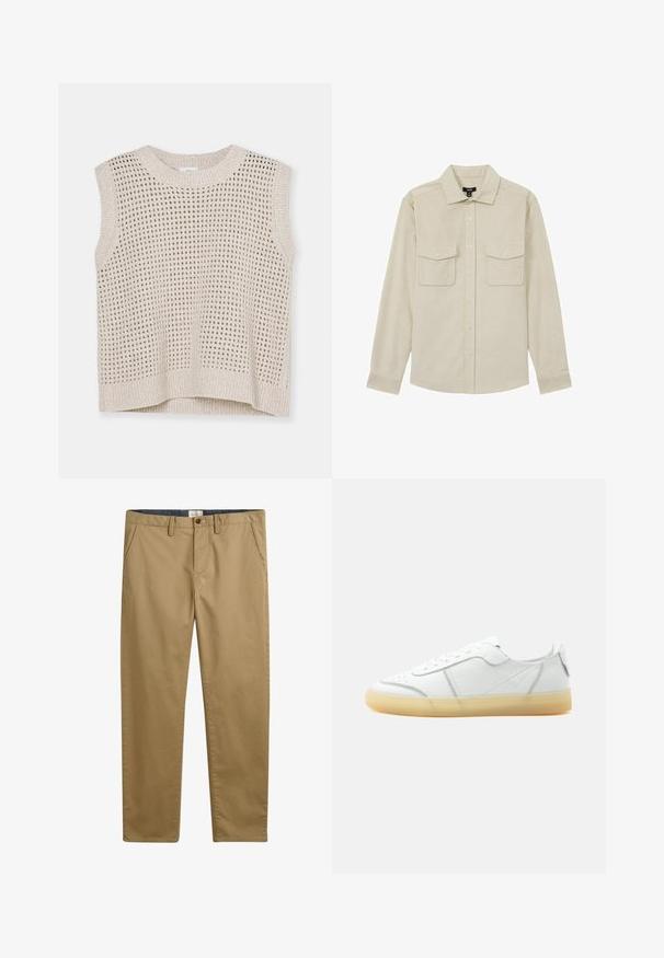 Camisa de color beige claro hecha de algodón, con un frente abotonado, dos bolsillos en el pecho y mangas largas con puños abotonados.; Top sin mangas de punto en beige claro con patrón de tejido abierto, cuello redondo y ribete acanalado. Textura suave; diseño casual adecuado para superponer.; Pantalones de algodón color caqui con corte recto, que cuentan con bolsillos laterales, cierre de botón y una tela texturizada.; Zapatilla blanca de piel de corte bajo con suela translúcida beige, cierre con cordones en la parte frontal y detalles de costura mínimos, mostrada de lado sobre un fondo liso.