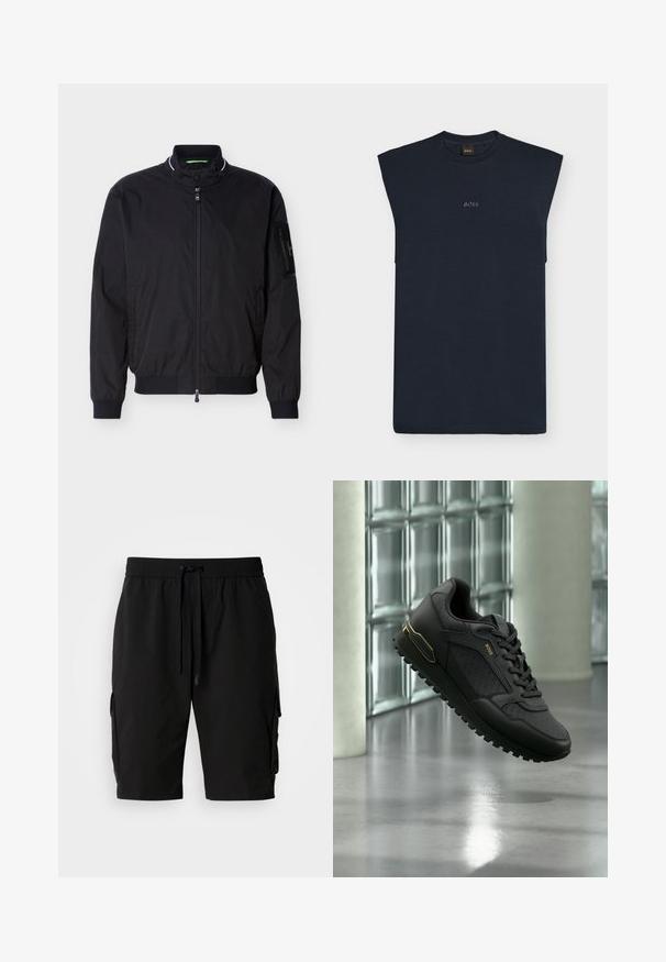 Blouson aviateur noir zippé avec col montant, poignets et ourlet côtelés, et une poche zippée sur la manche gauche.; T-shirt sans manches bleu marine avec épaules rembourrées et « BOSS » brodé au centre devant.; Shorts cargo noirs en tissu léger, dotés d'une taille élastique, d'un cordon de serrage et de poches cargo latérales pour un rangement supplémentaire.; Baskets sportives noires avec panneaux texturés, fermeture à lacets et accent doré au talon, flottant au-dessus d'un sol en béton poli.