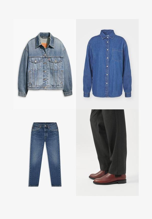 Lyseblå denimjakke med klassisk knaplukning foran, to brystlommer, oversized pasform og kontrastfarvet orange syning.; Denimskjorte i mørkeblå, med knaplukning foran, krave og én brystlomme. Lange ærmer med knapmanchetter. Klassisk design.; Blå denim jeans med lige ben-design, der har knap- og lynlåsgylpter, fem lommer og subtilt slid i vasken.; Person iført mørkegrå bukser med lige ben og brune lædersko uden snøre, stående på et hvidt gulv.