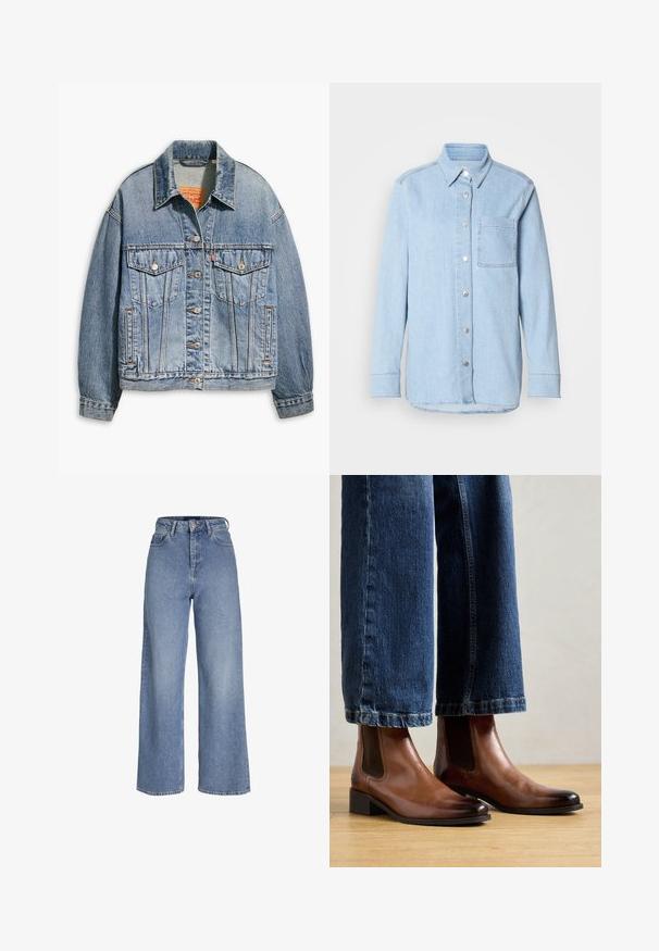 Hellblaues Jeansjacken mit klassischem Knopfverschluss, zwei Brusttaschen, oversize Passform und kontrastierenden orangen Nähten.; Himmelblaues Denim-Hemd mit Knopfverschluss, spitzem Kragen, einer Brusttasche und langen Ärmeln mit knöpfbaren Manschetten.; Hellblaue Jeans mit hoher Taille, weitem Bein, vorderer Knopf- und Reißverschluss und Fünf-Taschen-Design.; Braune Lederankelstiefel mit elastischen seitlichen Einsätzen, quadratischer Zehenform und niedrigem Blockabsatz, getragen mit blauen Jeans. Hartholzboden darunter.