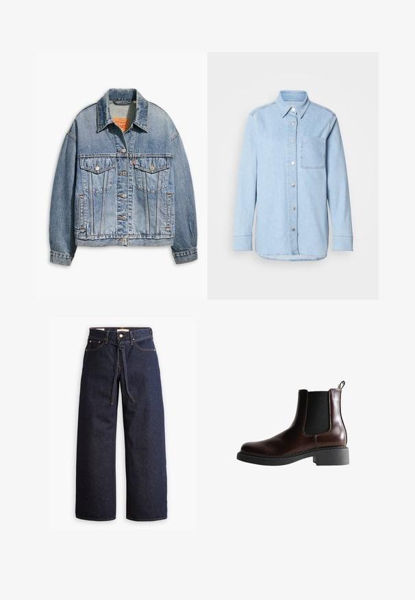 Lichtblauwe spijkerjacket met een klassieke knoopsluiting aan de voorkant, twee borstzakken, oversized pasvorm en contrasterende oranje stiksel.; Lichtblauwe denim shirt met een knoopsluiting aan de voorkant, puntige kraag, één borstzak en lange mouwen met knoopmanchetten.; Wijd pijpjes donkerblauwe denim jeans met een hoge taille, voorzien van een trekkoord, vijf zakken en contrasterende stiksels.; Bruine leren enkelboot met elastische zijpanelen, ronde neus en een gestructureerde zwarte rubberen zool. Heeft contrasterende stiksels en een lusje aan de achterkant.