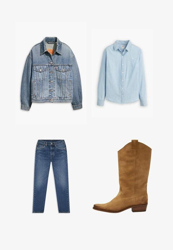 Hellblaues Jeansjacken mit klassischem Knopfverschluss, zwei Brusttaschen, oversize Passform und kontrastierenden orangen Nähten.; Helles blaues, knöpfbares Hemd aus weichem Denim-Stoff. Mit klassischem Kragen und langen Ärmeln, versehen mit einem kleinen Logo auf der Brust.; Blaue Denim-Jeans mit geradem Bein, ausgestattet mit einem Knopf- und Reißverschluss, fünf Taschen und dezenten Abnutzungserscheinungen in der Waschung.; Braune Wildleder-Cowboystiefel mit hohem Schaft, spitzer Zehenform und dezenten weißen Nähten. Verfügt über ein gemustertes Detail nahe der Ferse und einen gestapelten Holzabsatz.