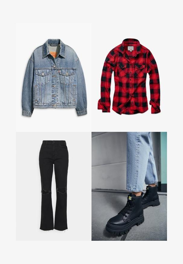 Hellblaues Jeansjacken mit klassischem Knopfverschluss, zwei Brusttaschen, oversize Passform und kontrastierenden orangen Nähten.; Rot-schwarz kariertes Flanellhemd mit langen Ärmeln, zwei Brusttaschen, spitzem Kragen und Knopfverschluss. Weicher Stoff.; Hollister Co. Jeans Skinny Fit - black; Person, die hellblaue Jeans und schwarze klobige Schnürstiefel trägt und auf einem Betonboden nahe einer Wand steht.