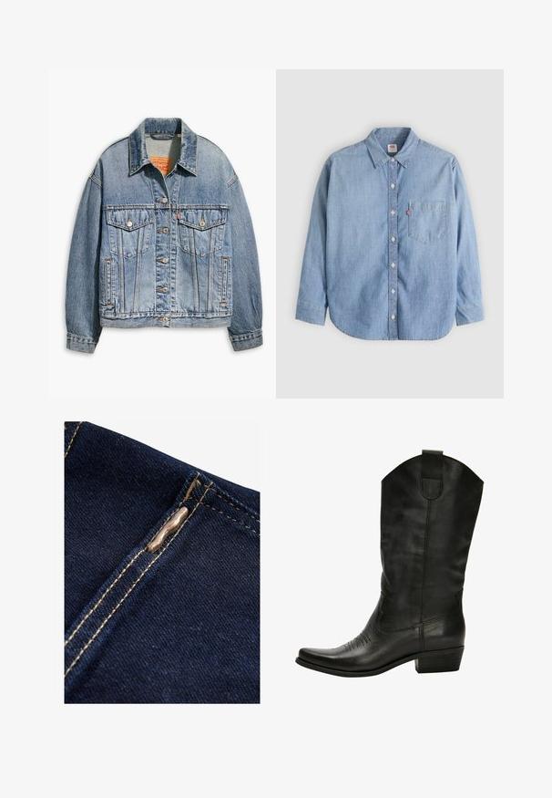 Lyseblå denimjakke med klassisk knaplukning foran, to brystlommer, oversized pasform og kontrastfarvet orange syning.; Lyseblå denimskjorte med button-down-krave, forlompe og lange ærmer. Har en buet kant og en subtil tekstur.; Next REGULAR FIT - WIDE LEG - Flared jeans - rinse blue; Sorte læder cowboy støvler med spids tå, diskrete syninger og en stablet hæl. Har en høj skaft og en trækflige.
