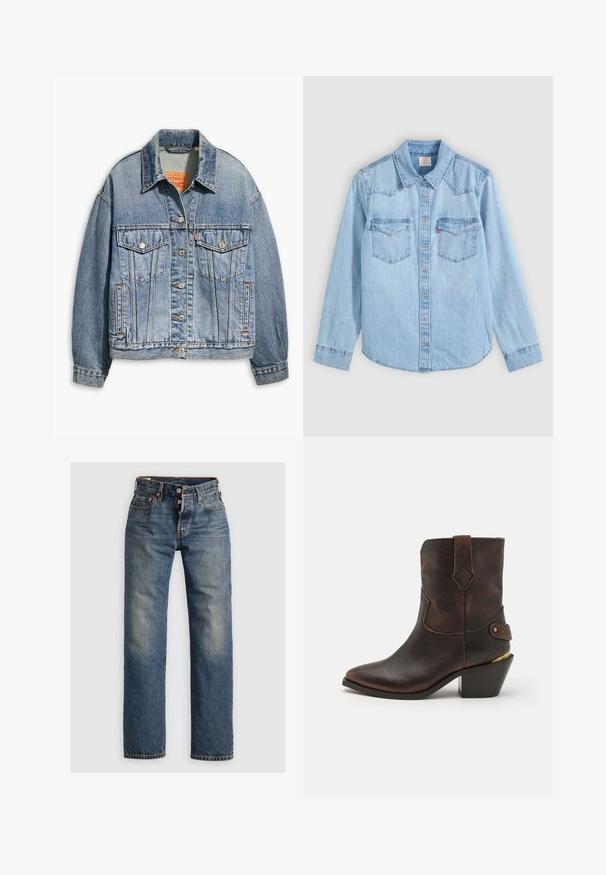 Lyseblå denimjakke med klassisk knaplukning foran, to brystlommer, oversized pasform og kontrastfarvet orange syning.; Lyseblå denimskjorte med lange ærmer, knaplukning, to brystlommer med klapper og en klassisk spids krave på en grå baggrund.; Blå denimjeans med lige ben, der har synlige sømme, en lynlås, og fem lommer. Udsatte områder tilføjer tekstur.; Brune læder cowboystøvle med spids tå og stablet hæl. Har et dekorativt diamantmønster og en rem med hardware-detajle.