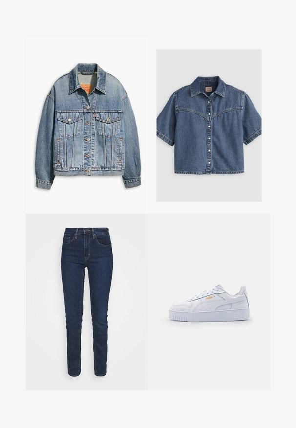 Veste en denim bleu clair avec un devant à boutons classique, deux poches poitrine, coupe oversize et des coutures orange contrastées.; Chemise en denim bleu à manches courtes avec col pointu et détail de surpiqûres à la manière Western sur le yoke.; Jean en denim bleu foncé avec une coupe slim, taille mi-haute, poches avant et fermeture éclair. Le tissu a une texture lisse.; Baskets blanches en cuir avec une semelle épaisse, présentant une texture lisse, un design minimaliste, des rayures sur les côtés et un petit logo.