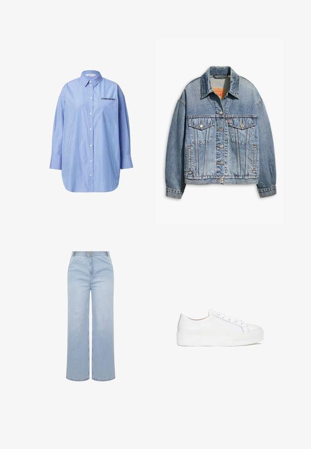 Lyseblå denimjakke med klassisk knaplukning foran, to brystlommer, oversized pasform og kontrastfarvet orange syning.; Stribet blå skjorte med knapper og lomme, hvor der står "STUDIO UNTOLD", klassisk krave og lange ærmer.; Lyseblå jeans med vide ben, elastisk talje, knap foran, lynlås foran og synlige sømme på hvid baggrund.; Hvide lædersneakers med en glat overflade, rund tå og flad sål. Har snørebåndslukning og diskrete syninger.