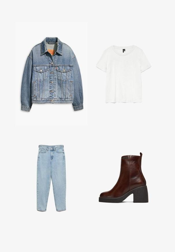 Hellblaues Jeansjacken mit klassischem Knopfverschluss, zwei Brusttaschen, oversize Passform und kontrastierenden orangen Nähten.; Weißes T-Shirt mit kurzen Ärmeln und rundem Ausschnitt, hergestellt aus leichtem Stoff. Schlichtes Design, glatte Textur und gerader Saum.; Hellblaue High-Waist-Jeans aus Denim mit Vordertaschen, Gürtelschlaufen, Knopfleiste und verjüngten Beinen auf weißem Hintergrund.; Braune Leder-Ankle-Boots mit dicker schwarzer Sohle, seitlichen Nähten, Zuglasche auf der Rückseite und kleinem "G-STAR"-Logo an der oberen Außenseite.
