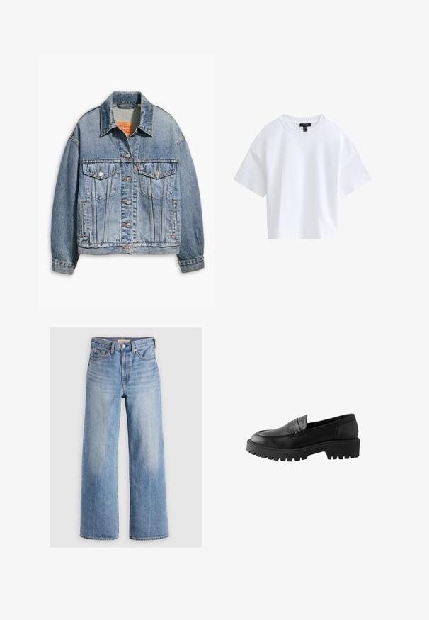 Veste en denim bleu clair avec un devant à boutons classique, deux poches poitrine, coupe oversize et des coutures orange contrastées.; T-shirt court blanc uni à manches courtes avec un col rond et une étiquette de marque noire à l'intérieur du col.; Jeans larges en denim bleu clair avec une taille haute, zones décolorées, cinq poches et coutures contrastées. Fermeture classique à bouton et à glissière.; Mocassin en cuir noir avec un bout arrondi, détail de couture surélevé, et semelle en caoutchouc épaisse avec des crans profonds pour une meilleure traction.