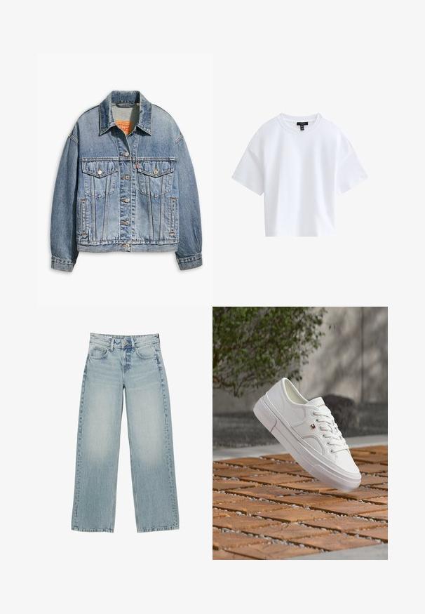 Lichtblauwe spijkerjacket met een klassieke knoopsluiting aan de voorkant, twee borstzakken, oversized pasvorm en contrasterende oranje stiksel.; Effen witte cropped T-shirt met korte mouwen, een ronde hals en een zwart merkembleem aan de binnenkant van de kraag.; Lichtblauwe denim wijde jeans met een hoge taille, voorzien van vijf zakken, een knoopsluiting en subtiele vervaging voor een versleten effect.; Witte leren sneaker met veters en een klein rood, wit en blauw logo, zwevend boven een patroon van hout en kiezelstenen buiten.