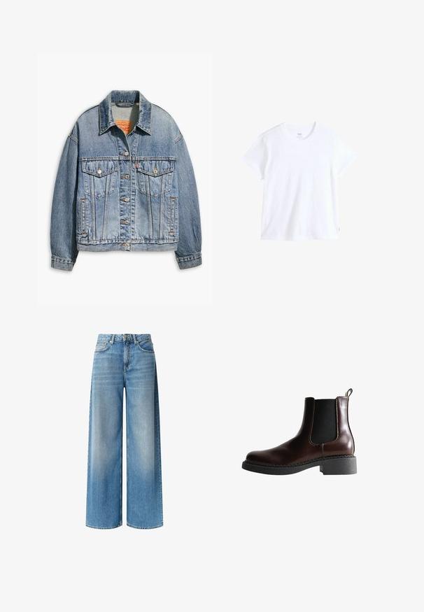 Lichtblauwe spijkerjacket met een klassieke knoopsluiting aan de voorkant, twee borstzakken, oversized pasvorm en contrasterende oranje stiksel.; Wit katoenen t-shirt met korte mouwen, ronde hals en rechte zoom. Heeft een klein rood logotag aan de linkeronderzijde.; Brede blauwe denim jeans hebben een lichte wassing, hoge taille, voorzakken en een subtiele vervagingseffect langs de benen. Afgewerkt met een knoopsluiting.; Bruine leren enkelboot met elastische zijpanelen, ronde neus en een gestructureerde zwarte rubberen zool. Heeft contrasterende stiksels en een lusje aan de achterkant.