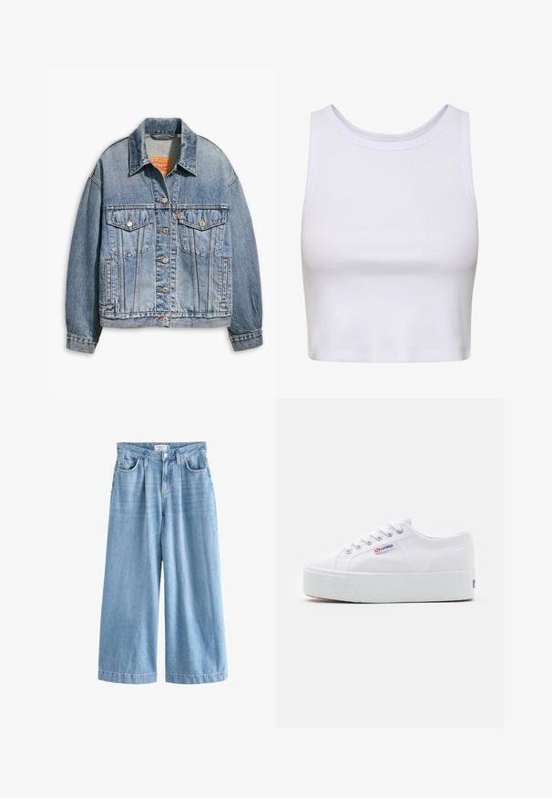 Lyseblå denimjakke med klassisk knaplukning foran, to brystlommer, oversized pasform og kontrastfarvet orange syning.; Hvid crop-top lavet af ribbet stof, med en rund halsudskæring og ærmeløs design samt en figursyet silhuet. Ingen mønstre eller detaljer.; Lyseblå denim palazzo jeans med brede ben, der har høj talje, frontlommer og knaplukning. Diskret falmet tekstur.; Hvide canvas sneakers med en tyk hvid platformssål, rund tå og metaløjelets til snørebånd. Mærkets logo præsenteret på siden.