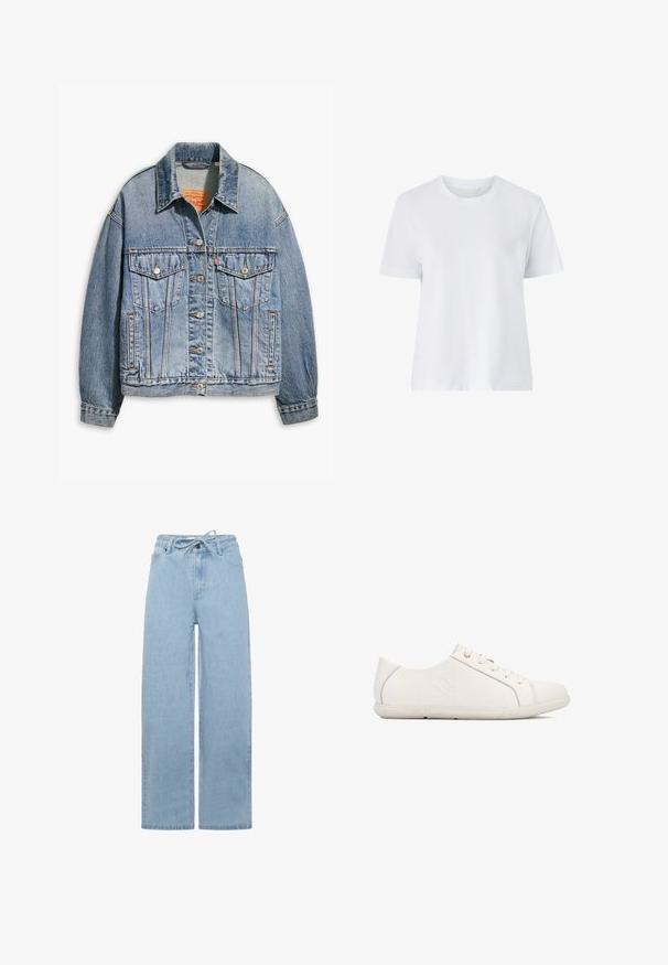 Hellblaues Jeansjacken mit klassischem Knopfverschluss, zwei Brusttaschen, oversize Passform und kontrastierenden orangen Nähten.; Weißes Baumwoll-T-Shirt mit kurzen Ärmeln, Rundhalsausschnitt und entspannter Passform. Glatte Textur ohne sichtbare Muster oder Akzente.; Helle blaue weit geschnittene Jeans aus Denim mit einem Kordelzugbund und einem klassischen Fünf-Taschen-Design. Der Stoff hat eine glatte Textur.; Weiße Sneakers mit strukturierter Oberfläche, Schnürdesign, abgerundeter Spitze und Branding an der Seite. Verfügen über dezente Nähte und eine Gummisohle.