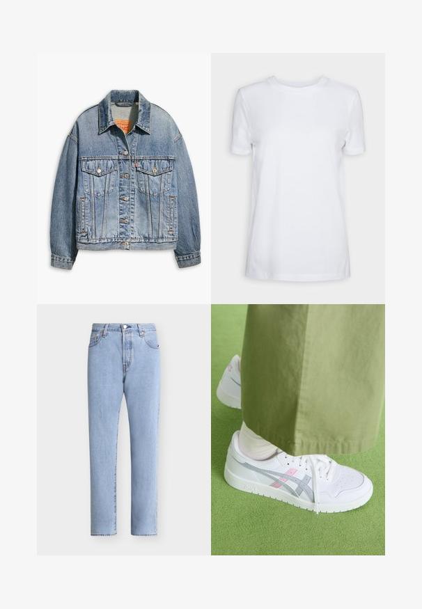Lyseblå denimjakke med klassisk knaplukning foran, to brystlommer, oversized pasform og kontrastfarvet orange syning.; Simpel hvid T-shirt med korte ærmer og rund hals, normal pasform og et lille indvendigt mærke på nakken med teksten "SELECTED FEMME."; Lyseblå jeans med højt liv og lige ben, foran med knaplukning, bæltestropper og klassisk fem-lomme design.; Hvide sneakers med grå og pink detaljer, fremstillet med en glat læderoverdel, perforeret tåboks og flad hvid sål, parret med olivengrønne bukser.