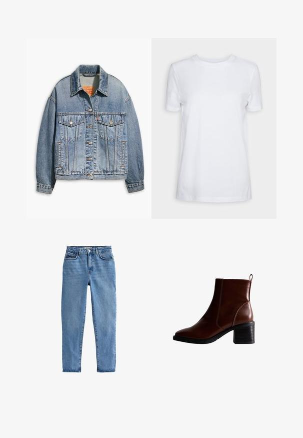 Chaqueta de mezclilla azul claro con un clásico cierre de botones en la parte delantera, dos bolsillos en el pecho, corte oversize y costuras en naranja contrastantes.; Camiseta blanca lisa de manga corta con cuello redondo, ajuste regular y una pequeña etiqueta interior en el cuello que dice "SELECTED FEMME."; Jeans de mezclilla azul claro con una cintura alta, diseño de pierna recta, estilo de cinco bolsillos y un cierre de botón simple en la parte frontal.; Botín de cuero marrón hasta el tobillo con punta cuadrada y costura lateral, un tacón apilado de 3 pulgadas y una lengüeta en la parte posterior para facilitar su colocación.