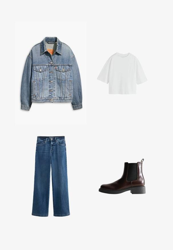 Lichtblauwe spijkerjacket met een klassieke knoopsluiting aan de voorkant, twee borstzakken, oversized pasvorm en contrasterende oranje stiksel.; Effen witte oversized T-shirt met korte mouwen, een ronde hals en een losse pasvorm.; Blauwe wijde jeans van denim, met een hoge taille, vijf zakken, subtiele vervaging, knoopsluiting en contrasterende stiksels.; Bruine leren enkelboot met elastische zijpanelen, ronde neus en een gestructureerde zwarte rubberen zool. Heeft contrasterende stiksels en een lusje aan de achterkant.