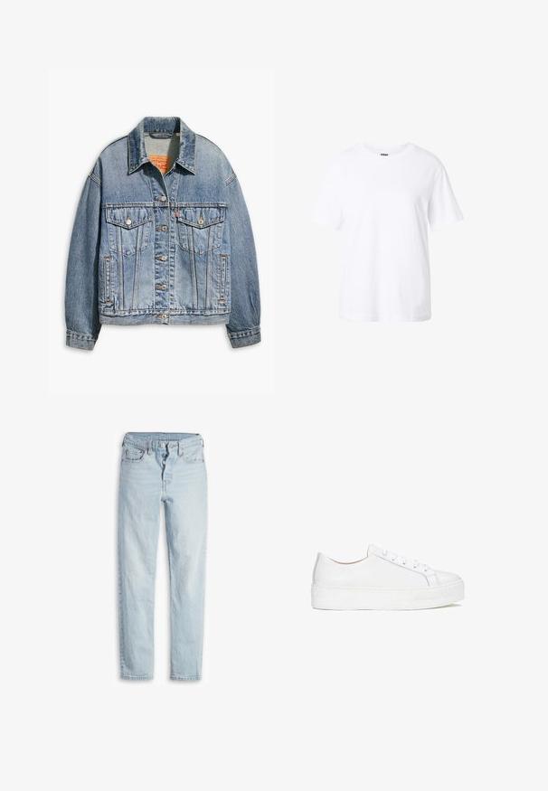 Lyseblå denimjakke med klassisk knaplukning foran, to brystlommer, oversized pasform og kontrastfarvet orange syning.; Enkelt hvid t-shirt med korte ærmer og rund hals, afslappet pasform og lille label inde i kraven.; Lyseblå denimjeans med høj talje, fem-lomme design, knaplukning og lige ben. Har subtilt slid og en tekstureret finish.; Hvide lædersneakers med en glat overflade, rund tå og flad sål. Har snørebåndslukning og diskrete syninger.