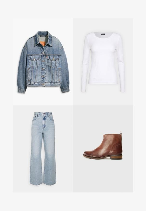Lyseblå denimjakke med klassisk knaplukning foran, to brystlommer, oversized pasform og kontrastfarvet orange syning.; Hvid ribbet langærmet trøje med rund halsudskæring. Fremstillet af et strækstof, der sidder tæt til kroppen. Har subtile horisontale linjer.; Lysblå denim brede ben jeans med høj talje, klassisk fem-lomme design og kontrasterende syninger. Uslebne kanter i bunden.; Brune læder ankelstøvle med et elegant design, rund tå, lav stablet hæl og detaljer med side-syninger. Har en bageste trækflap for nem påtagning.