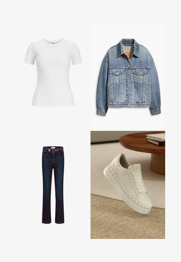 Lichtblauwe spijkerjacket met een klassieke knoopsluiting aan de voorkant, twee borstzakken, oversized pasvorm en contrasterende oranje stiksel.; Witte geribbelde t-shirt met korte mouwen en ronde halslijn, met een getailleerd ontwerp. Gemaakt van een soepele stof, geschikt voor laagjes of casual draag.; Donkerblauwe denimbroek met een rechte pijpdesign, gevlochten taillebanddetail en standaard vijf-pocket styling.; Witte leren sneaker met platte witte veters, een dikke zool en piramidevormige studs langs de zijkant. Gladde textuur, minimalistisch ontwerp.