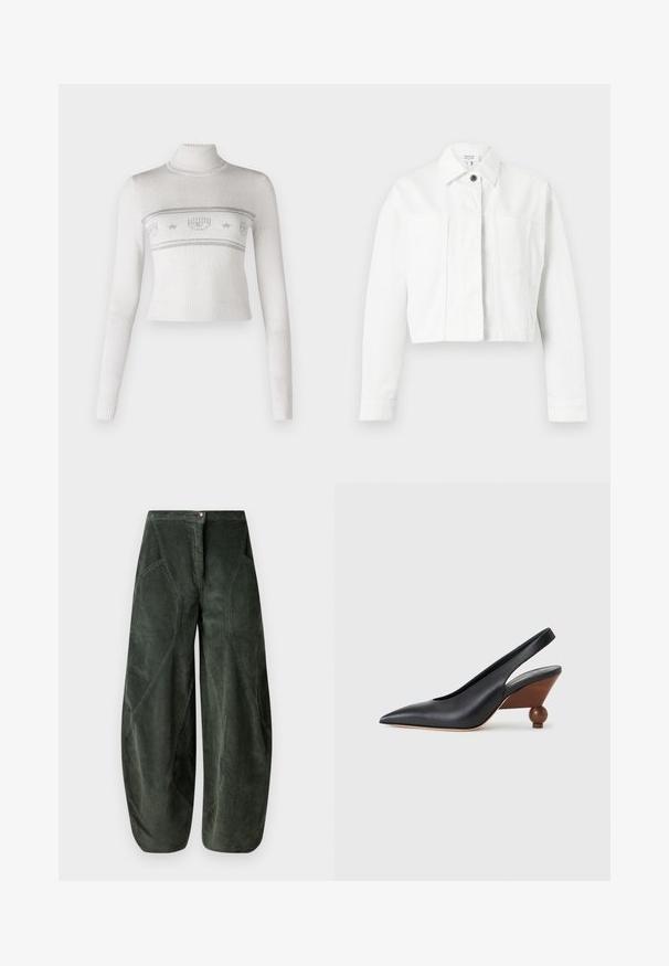 Hvid cropped jakke med lange ærmer, krave og enkelt synligt sort knaplukning på ensfarvet baggrund.; Kippet hvid sweater med høj hals, udstyret med sølvstrikkede mønstre og en ribbet tekstur langs kanten og ærmerne.; Videbenede bukser i mørkegrøn kordfarvet stof med knaplukning og skrå sidelommer med en struktureret, ribbet mønster.; Sort slingback-sko med spids tå, træblokhæl med rund form og glat læderoverdel på en lysegrå baggrund.