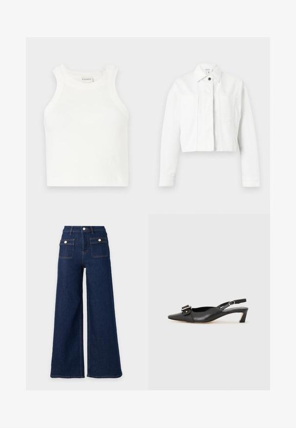 Veste blanche courte à manches longues avec un col et une fermeture visible par un seul bouton noir sur fond uni.; Débardeur blanc à côtes avec des bretelles larges et une silhouette ajustée. Présente un petit logo en relief près de l'ourlet.; Jeans en denim bleu foncé à jambes larges, taille haute et deux poches avant à rabat avec boutons.; Chaussure slingback en cuir noir avec un bout pointu, un petit talon et un détail de boucle décoratif sur le dessus. Texture lisse, design minimaliste.