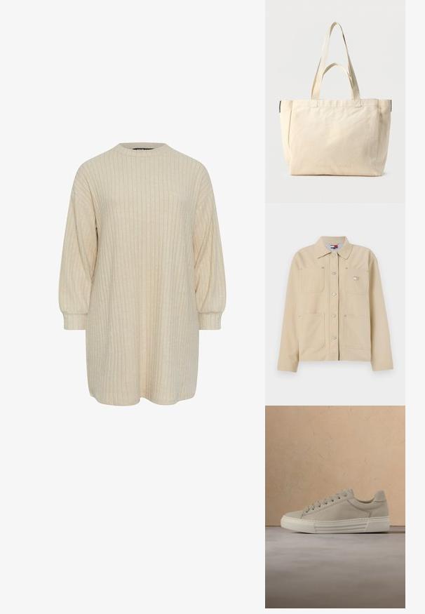 Chaqueta de lona beige con collar puntiagudo, cierre frontal de botones, dos bolsillos en el pecho y un pequeño parche con logo. Textura suave y diseño ajustado.; Vestido beige de canalé con un escote redondo alto y mangas largas abullonadas. Textura suave, corte a la altura de la rodilla y detalles sutiles de patrón vertical.; Zapatilla de cuero beige con cordones planos y suela de goma texturizada. Punta redondeada, costuras mínimas y diseño de perfil bajo.; Bolsa tote de lona beige con dos juegos de asas, diseño sencillo y sutil marca en relieve "SAMSOE SAMSOE" en la parte frontal.