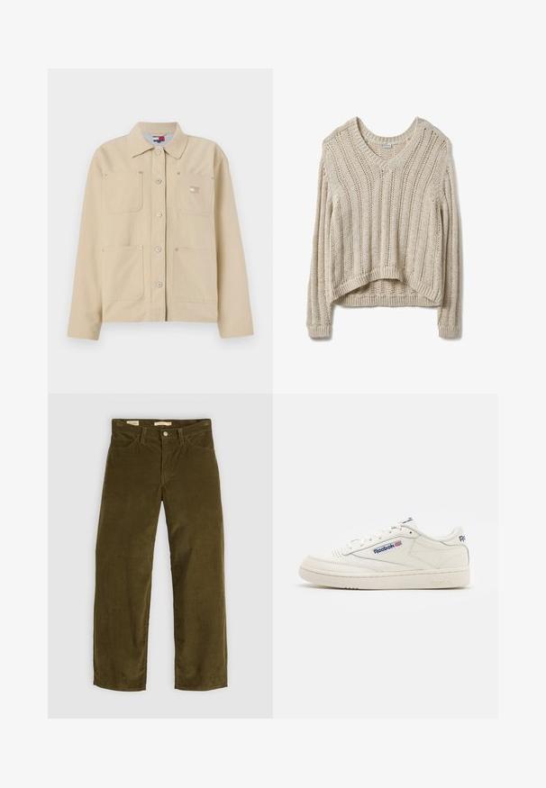 Beige Leinensakko mit spitzem Kragen, vorderer Knopfverschluss, zwei Brusttaschen und einem kleinen Logo-Patch. Weiche Textur und maßgeschneiderte Passform.; Beiger, gestrickter Pullover mit V-Ausschnitt, der eine vertikale Rippenstruktur und eine verkürzte, lockere Passform aufweist. Lange Ärmel mit gerippten Bündchen.; Olivgrüne Cordhosen mit geradem Bein, die über Fronttaschen und einen Knopfverschluss verfügen und eine vertikale Rippstruktur aufweisen.; Weiße Leder-Sneaker mit einer strukturierten Gummi-Sohle, runder Zehenpartie und blauer Reebok-Markierung. Minimalistisches Design mit genähten Akzenten.