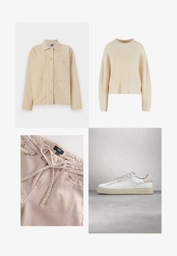 Beige lærredjakke med spidse kraver, frontlukning med knapper, to brystlommer og et lille logo-patch. Blød tekstur og skræddersyet design.; Cremefarvet strikket sweater med høj ribbet krave, brede ærmer og et struktureret mønster hele vejen igennem. Kropet design med ribbet kant.; Lyserøde denimbukser med bindebånd i taljen, med frontknap, bæltestropper og to forlommer, der viser et tekstureret stof.; Hvide lædersneakers med en glat overflade, beige ruskindsdetaljer, rund tå, flad snørebåndsdesign og en struktureret gummisål.