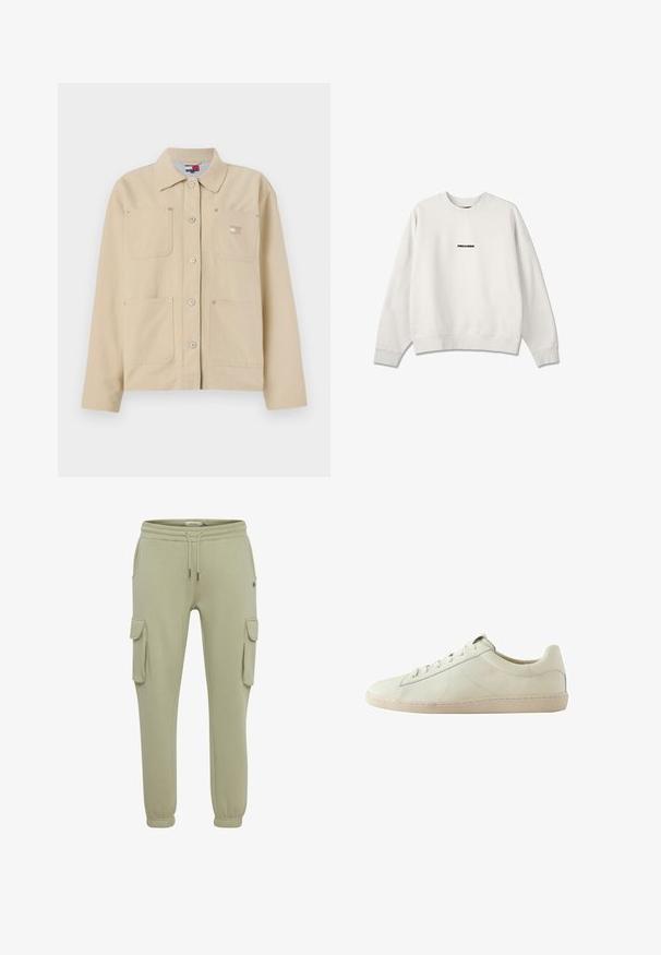 Beige canvas jack met een puntkraag, sluiting met knopen aan de voorkant, twee borstzakken en een klein logo-embleem. Zachte textuur en op maat gemaakt ontwerp.; Witte crewneck trui met lange mouwen en kleine zwarte tekst "PEGADOR" gecentreerd op de borst.; Lichtgroene cargobroeken van zacht stof, met zijzakken, elastische manchetten en een koordje in de taille voor een verstelbare pasvorm.; Witte leren lage sneaker met een textuur oppervlak, vetersluiting en een beige rubberen zool, zijaanzicht op een witte achtergrond.