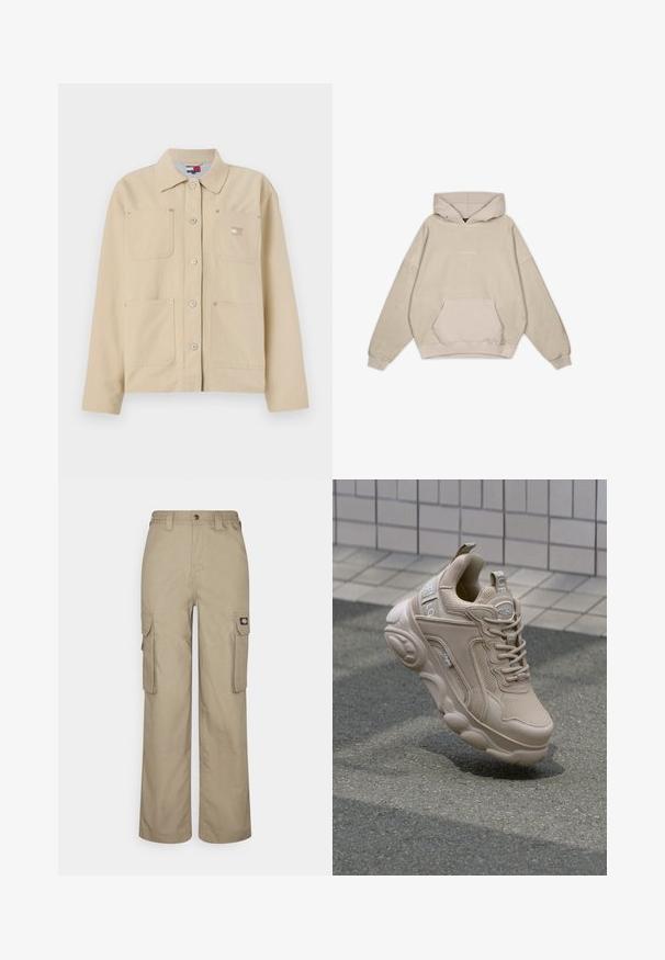 Veste en toile beige avec un col pointu, fermeture à boutons sur le devant, deux poches poitrine et un petit logo en patch. Texture douce et design ajusté.; Sweatshirt à capuche beige avec une coupe décontractée, poche kangourou, manches côtelées et texture lisse. Présente des détails de logo discrets à l'avant.; Pantalons cargo beiges en tissu durable, offrant une coupe décontractée, plusieurs poches latérales et une taille élastique avec une fermeture à bouton.; Baskets de sport beiges avec une tige en mesh et synthétique, un col rembourré et une semelle épaisse avec des accents texturés. Marque visible sur le côté.