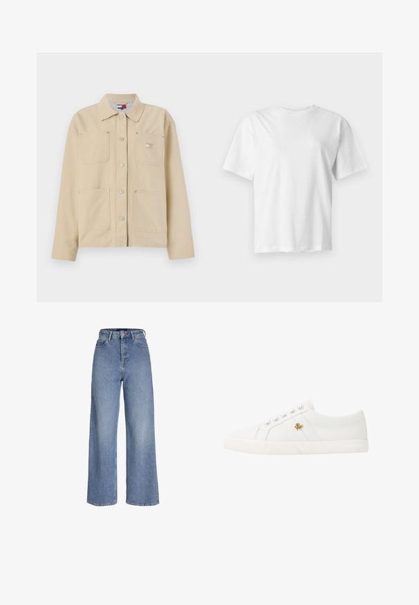 Chaqueta de lona beige con collar puntiagudo, cierre frontal de botones, dos bolsillos en el pecho y un pequeño parche con logo. Textura suave y diseño ajustado.; Camiseta blanca lisa de manga corta con cuello redondo, mostrada plana sobre un fondo gris claro.; Vaqueros de mezclilla azul claro de talle alto con perneras anchas, cierre frontal con botón y cremallera, y diseño de cinco bolsillos.; Lauren Ralph Lauren JANSON II CANVAS SNEAKER - Zapatillas - optic white