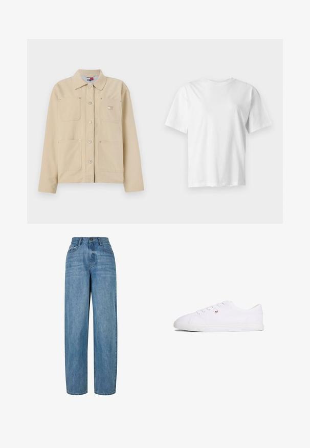 Veste en toile beige avec un col pointu, fermeture à boutons sur le devant, deux poches poitrine et un petit logo en patch. Texture douce et design ajusté.; T-shirt blanc uni à manches courtes et col rond, présenté à plat sur un fond gris clair.; Jean en denim bleu clair avec une coupe droite, doté d'une fermeture à bouton, de cinq poches et d'un léger délavage sur l'ensemble du tissu.; Baskets blanches basses à fermeture à lacets avec petit logo rouge, blanc et bleu sur le côté, semelle plate en caoutchouc.