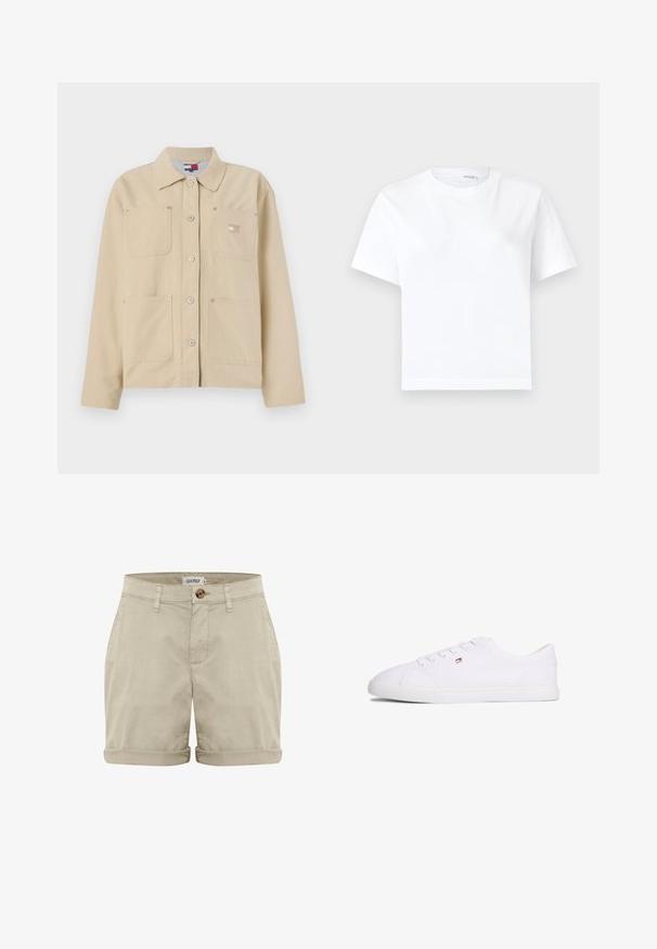 Beige lærredjakke med spidse kraver, frontlukning med knapper, to brystlommer og et lille logo-patch. Blød tekstur og skræddersyet design.; Hvid kortærmet bomuld t-shirt med rund halsudskæring og lige kant, vist på en hvid baggrund.; Beige bomuldsshorts med oprevet kant, med en frontknaplukning og syede lommer. Glat tekstur med minimal dekoration.; Hvid lavsko med snørelukning og lille rød, hvid og blå logo på siden, flad gummisål.