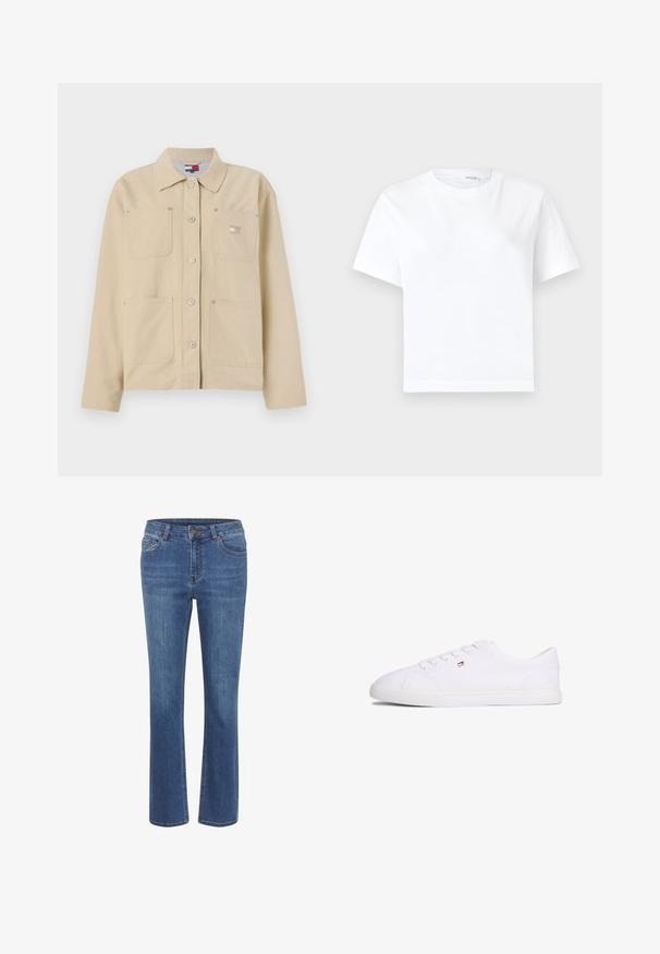 Veste en toile beige avec un col pointu, fermeture à boutons sur le devant, deux poches poitrine et un petit logo en patch. Texture douce et design ajusté.; T-shirt blanc uni en coton à manches courtes, col rond et ourlet droit, présenté sur fond blanc.; Jeans en denim bleu avec une coupe droite, taille ajustée, passants de ceinture, cinq poches et un petit bouton marron à la taille.; Baskets blanches basses à fermeture à lacets avec petit logo rouge, blanc et bleu sur le côté, semelle plate en caoutchouc.